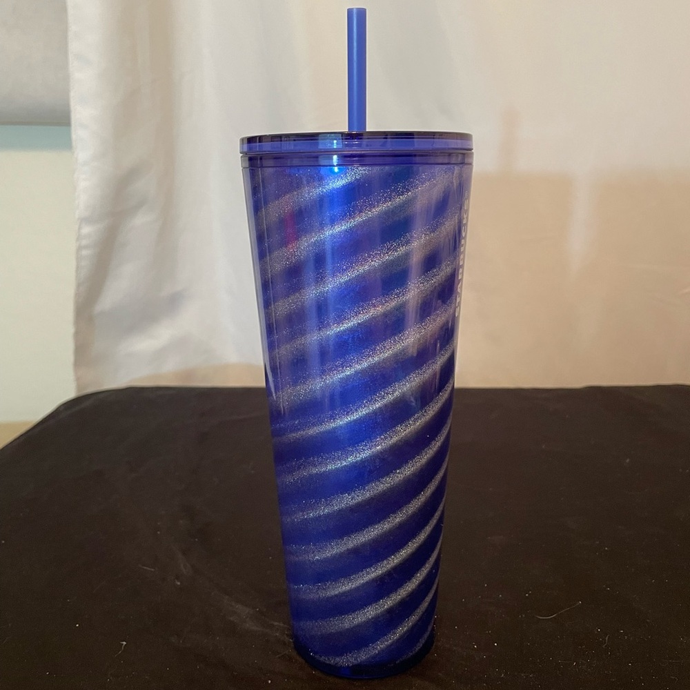 NWT Starbucks Holiday 2023 Blue Glitter Gift Wrap Diagonal Striped Tumbler Straw